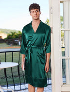 Ekouaer Mens Satin Robe Lightweight Silky Kimono Bathrobe 3/4 Sleeve Spa Knee Length Loungewear with Pockets S-3XL