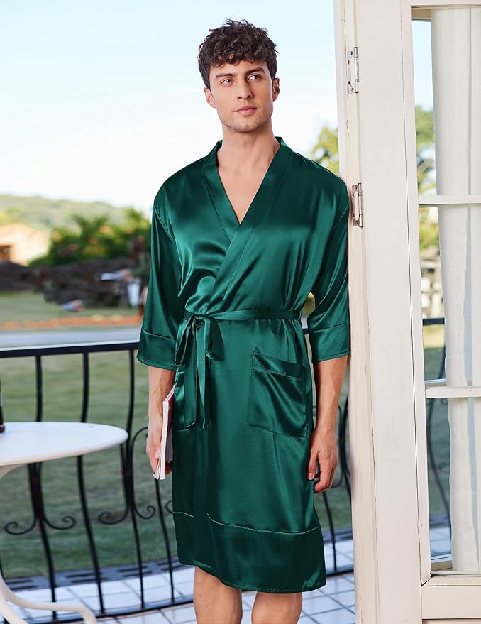 Ekouaer Mens Satin Robe Lightweight Silky Kimono Bathrobe 3/4 Sleeve Spa Knee Length Loungewear with Pockets S-3XL