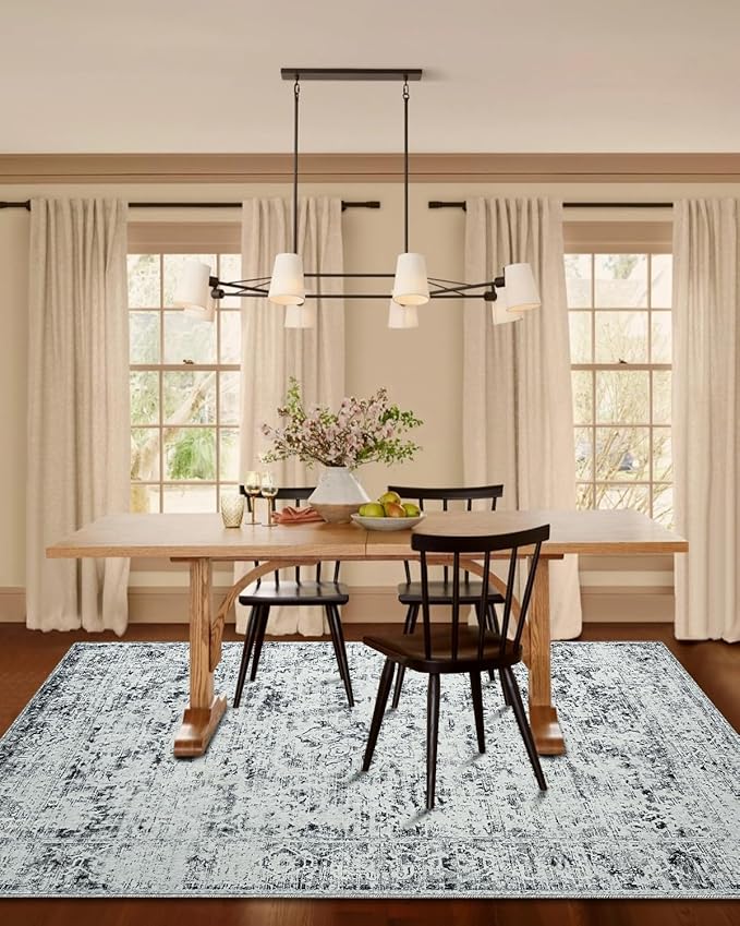 CRYPTOLITE Washable Area Rugs 5x7 Vintage Rug Non Slip Low Pile Faux Wool Soft Carpet for Living Room Bedroom Dining Room Farmhouse Bathroom Kids Playroom Grey