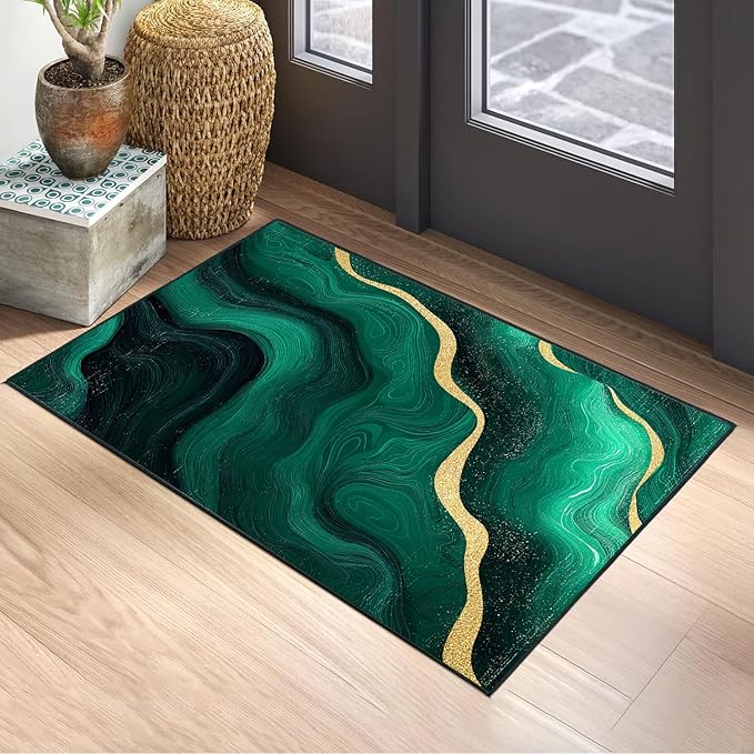 Green Marble Area Rug 2x3 ft Entry Rug Washable Boho Rugs Non Slip Low Pile Floral Door Mat Small Carpet for Bedroom, Bedside, Kids Room, Office, Dining Room