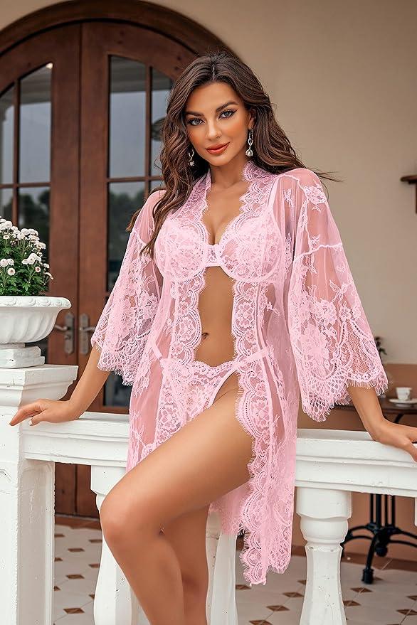 Avidlove Women's Lace Kimono Robe Babydoll Lingerie Mesh Nightgown S-5XL