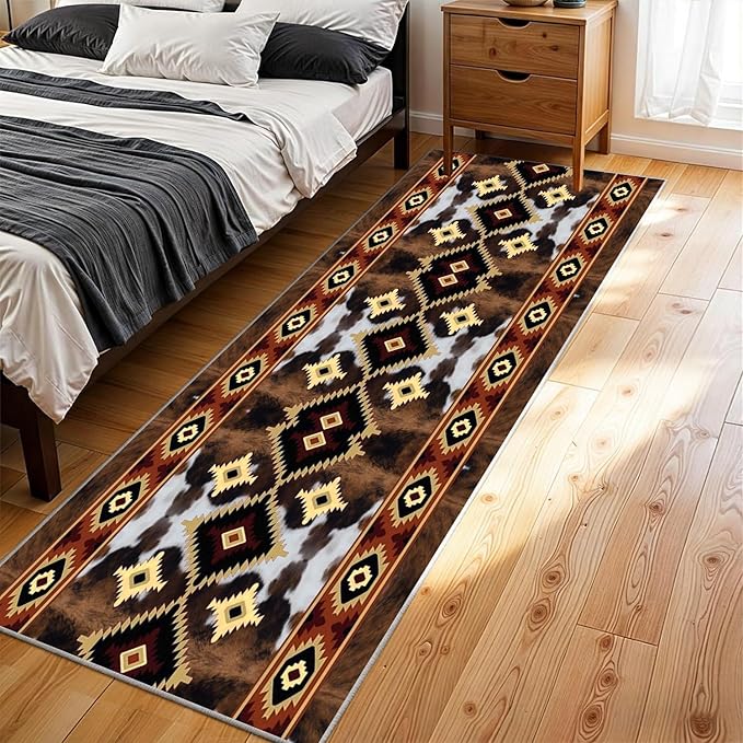 Rustic Brown Runner Cowhide Rugs,2x8ft,Western Aztec Decor Kitchen Runners,Southwestern Decor Native American Tribal Hallway Runner Rug,for Bedside Bedroom Entrance Farm Cow Print Carpet