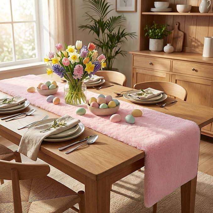 duduta Pink Faux Fur Table Runner 48 inches Long, Fluffy Spring Easter Dresser Runner Coffee Table Runner Girls Room Decor