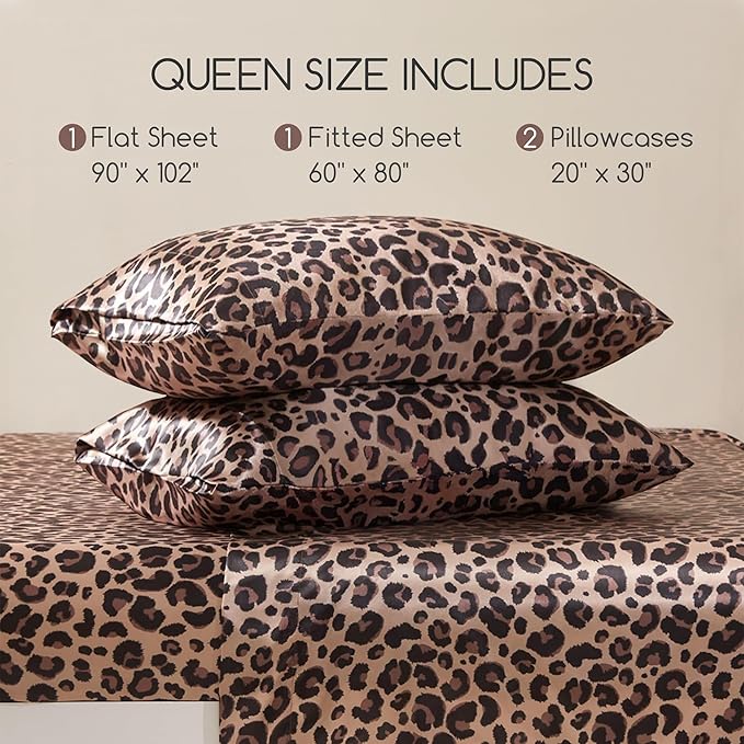 MR&HM Satin Bed Sheets with Elastic Corner Straps, Queen Size Sheets Set, 4 Pcs Silky Bedding Set with 15 Inches Deep Pocket for Mattress (Queen, Brown Leopard)