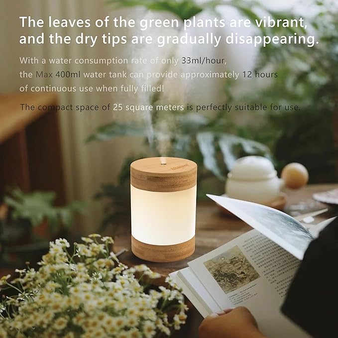 Sustainable Premium Bamboo Mini Humidifier (Improved Version) – 400ml Ultrasonic Quiet Desktop Humidifier, USB-C, Dual LED Night Light, Auto Shut-Off, Portable for Bedroom, Office & Perfect for Gift