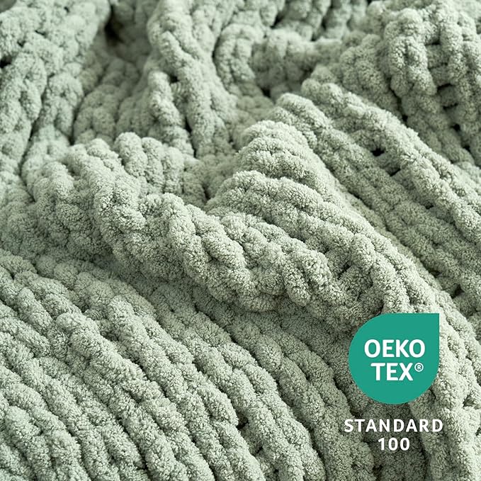 Amélie Home Chunky Knit Throw Blanket for Couch, Soft Chenille Handmade Crochet Throw Rope Knot Blanket for Couch, 60"x80", Sage Green