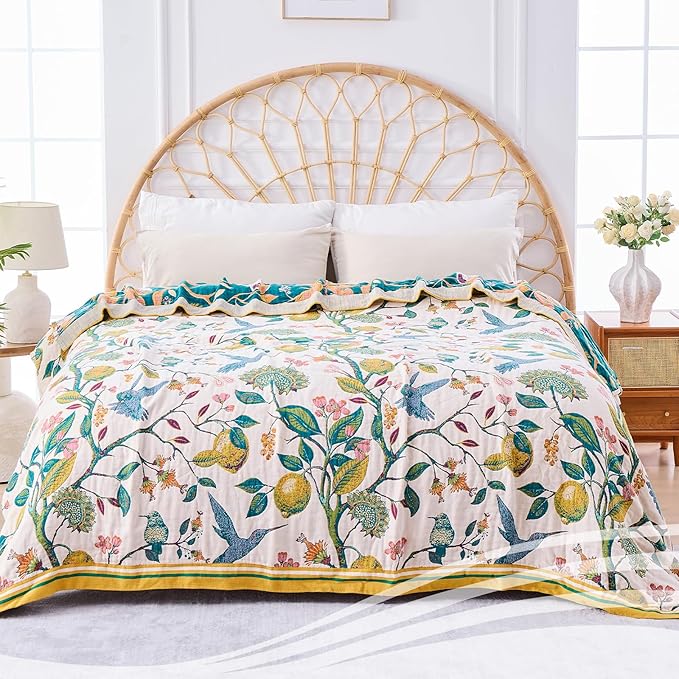 Boho Throw Blanket for Bed - 100% Cotton Ultra Soft Luxury Throw Rustic Fall Quilt,Bird Printed Farmhouse Decor Bed Blankets,Throw for Living Room Sofa Couch Chair(Flower-Bird, 60" x 75")