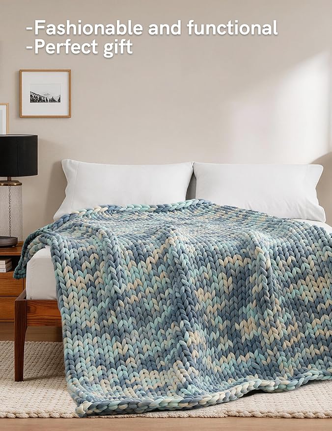 YnM Weighted Blanket, Handmade Chunky Knitted Design, Soft and Cozy, Temperature Regulating and Breathable, Machine Washable Throw for Sleep or Home Decor (Light Blue Tie-Dyed, 50x60 Inch, 10lbs)