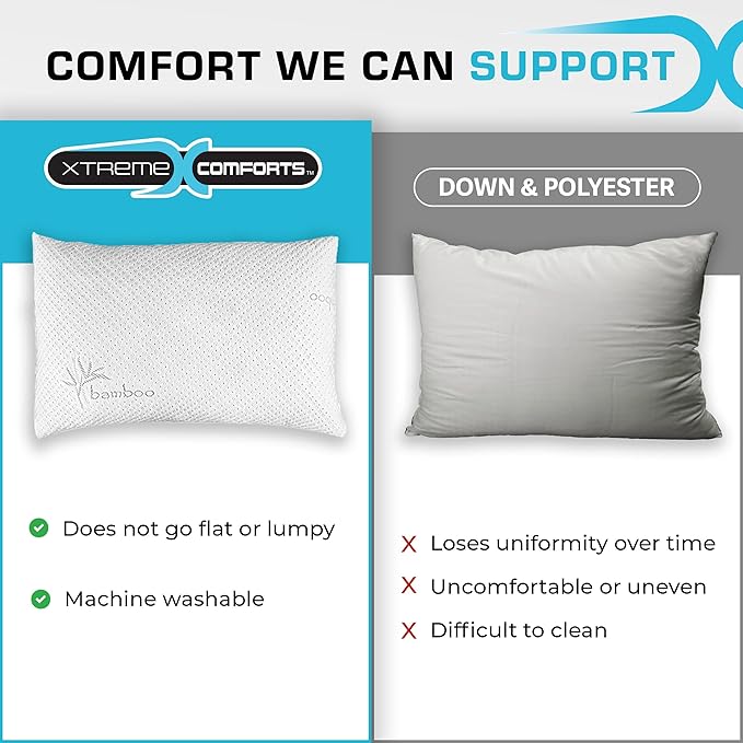 Xtreme Comforts GREENGUARD Certified Queen Size Bed Memory Foam Pillows (2 Pack) | Slim Cooling Pillow for Sleeping on Side, Back & Stomach - Firm and Soft Bed Pillows (USA Made)