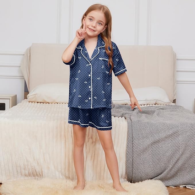 QPANCY Kids Satin Pajamas Sets Baby Boy Girl Button-Down Silk Sleepwear 2 Piece Short Sleeve Loungewear Clothes Set