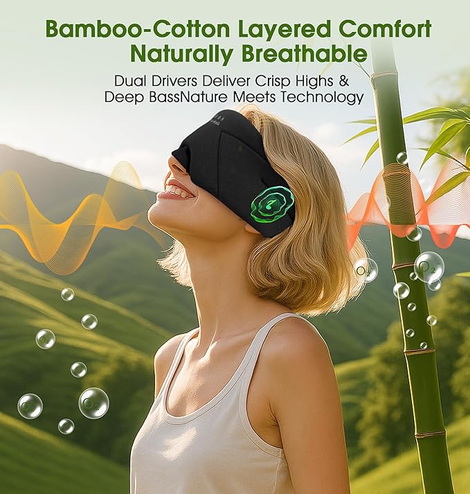 Sleep Mask with Headphones Bluetooth 5.4, LC-dolida Wireless Music Eye Mask for Sleeping Headphones with Soft Bamboo Cotton Cooling Breathable,Ultra-Thin Stereo Speaker for Side Sleepers-Black