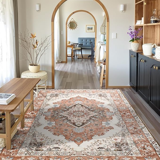 CRYPTOLITE Living Room Rug 7x10, Machine Washable Area Rug Non Slip Low Pile Rug for Living Room, Bedroom, Farmhouse, Dining Room, Orange