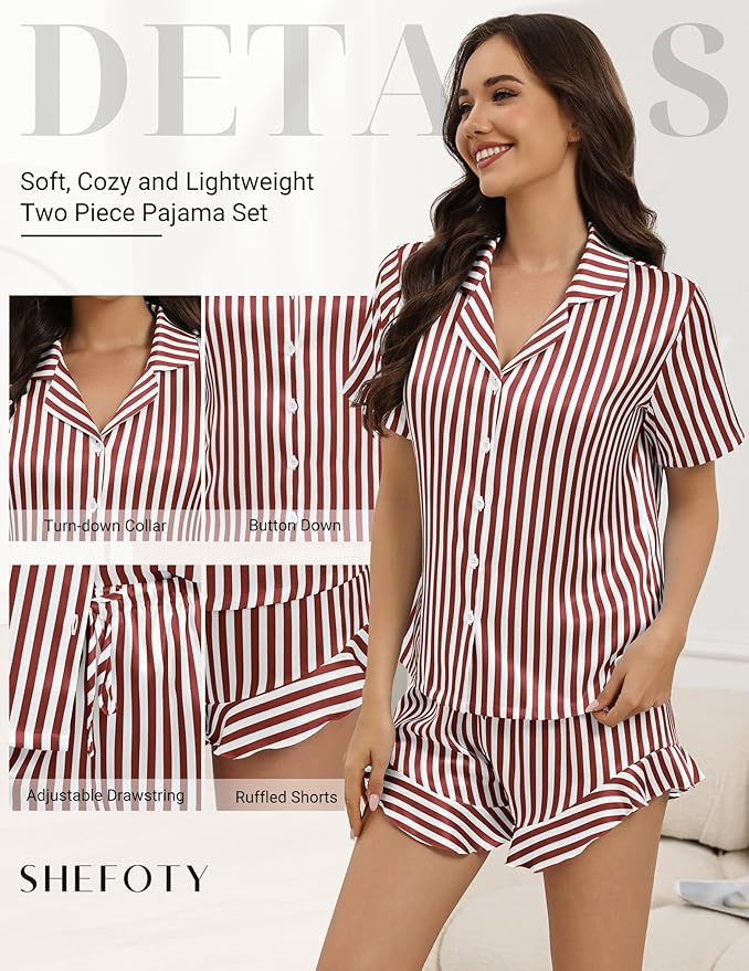 Silk Pajamas for Women Button Down 2 Piece Satin Pjs Shorts Set Ruffle Notch Collar Sleepwear Loungewear