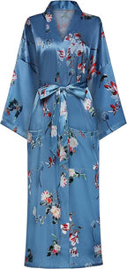 Valennia Women Long Silky Bathrobe Satin Kimono Robe Floral Printed Dressing Gown Sleepwear