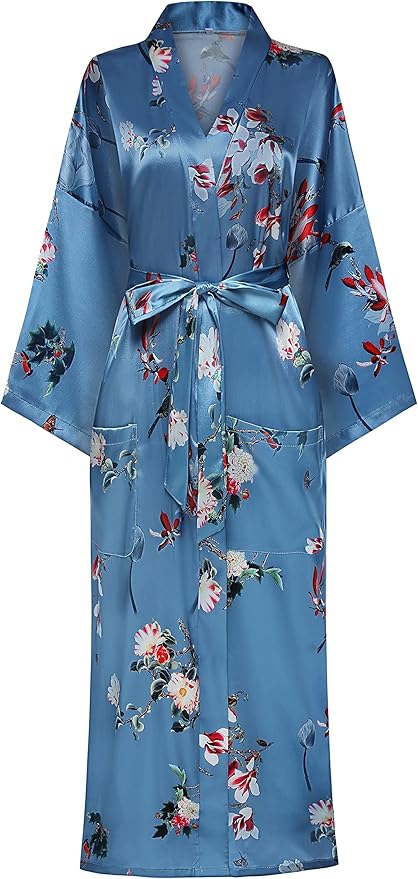 Valennia Women Long Silky Bathrobe Satin Kimono Robe Floral Printed Dressing Gown Sleepwear