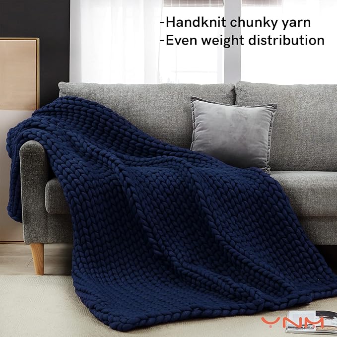 YnM Weighted Blanket, Handmade Chunky Knitted Design, Soft and Cozy, Temperature Regulating and Breathable, Machine Washable Throw for Sleep or Home Decor (Prussian Blue, 60x80 Inch, 20lbs)