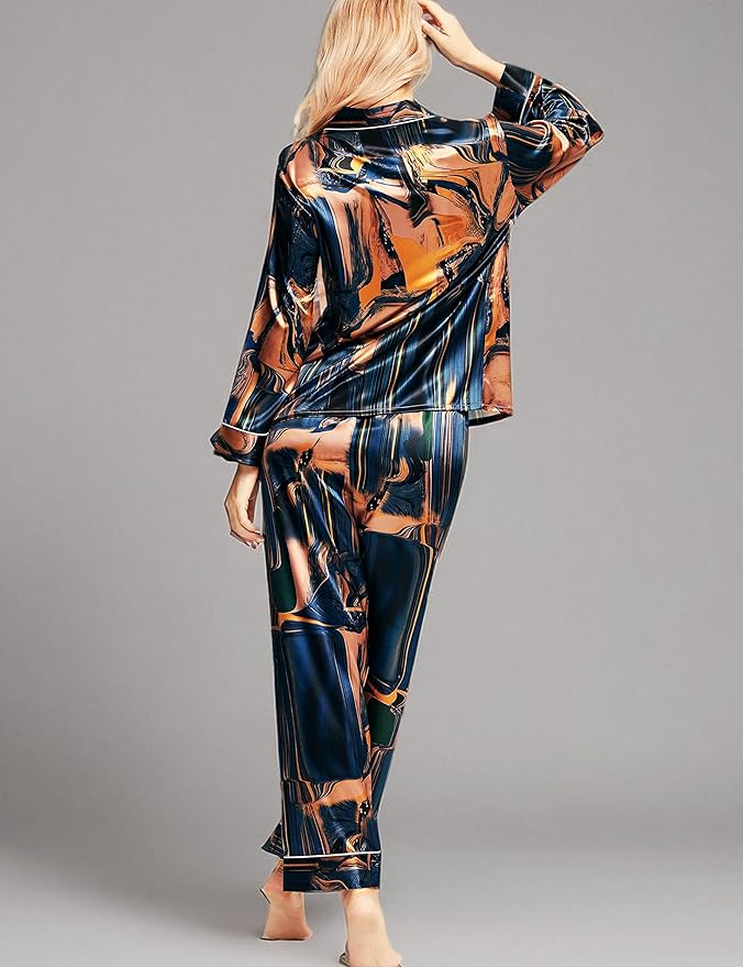 SIHA Satin Silk Pajamas for Women Pajama Set With Long Sleeve Button-Down Satin Pajamas Sleepwear XS-3XL