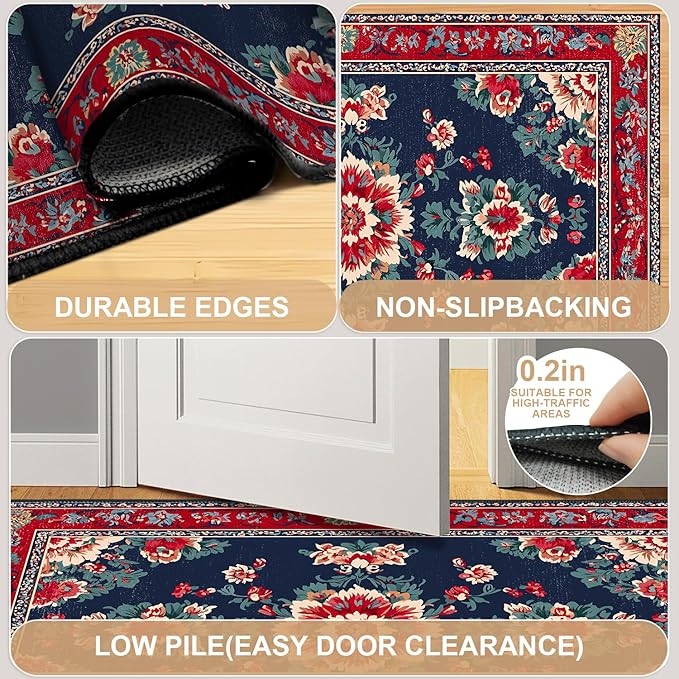 Area Rug 2x3 ft Entry Rug Washable Boho Rugs Non Slip Low Pile Floral Door Mat Small Carpet for Bedroom, Bedside, Kids Room,Dining Room