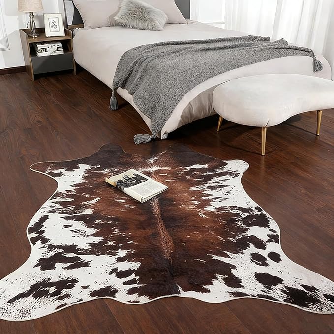 Cow Print Rug, Faux Fur Western Rug 5.2x6.5 Feet Non-Slip Animal Print Washable Faux Cashmere Carpet for Living Room, Western Bedroom Decor, Rustic Farmhouse Home Office