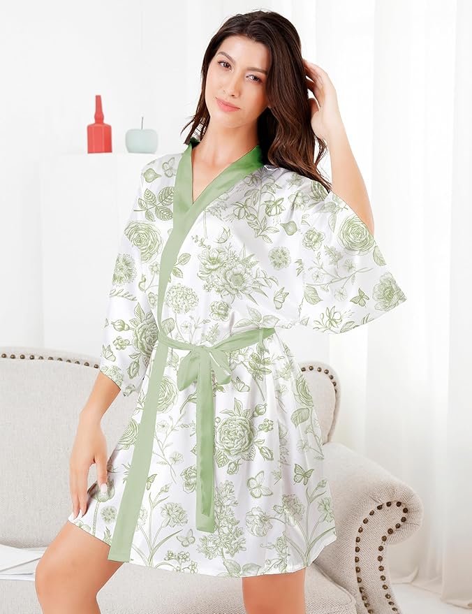 EPLAZA Silk Robes for Women Satin Robe Short Sexy Print Flower Kimono Loungewear Wedding Bridal Party