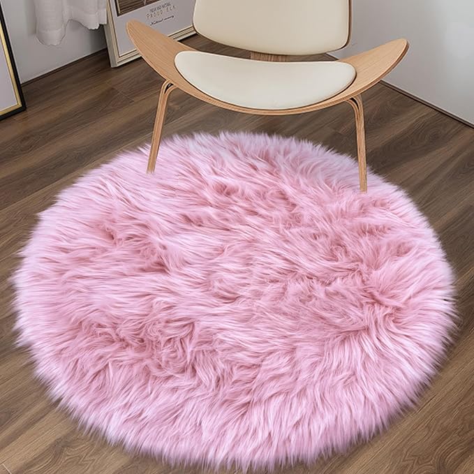 Pink Round Rug for Girls Bedroom, Fluffy Circle Rug 3 3 Feet for Kids Room, Furry Carpet for Teen Girls Room, Shaggy Circular Rug for Nursery Room, Fuzzy Plush Rug for Dorm