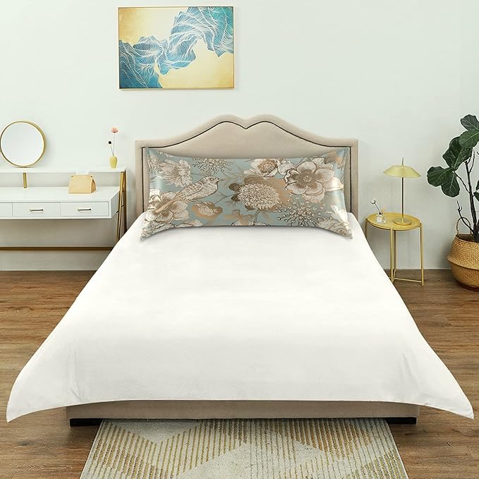 Vintage Peonies and Bird Satin Pillowcase for Hair and Skin, Blue and Gold Peonies Silk Pillow Case with Envelope Closure, Standard Size 20x26 inches, Sage Green, 1 PC