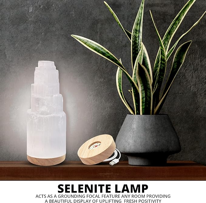 WBM Selenite Crystal Lamp 25cm, Charging Station, Crystals and Healing Stones, Hand Curved Moroccan |Witchcraft| Selenite Lamp for Smudging, Healing & Meditation