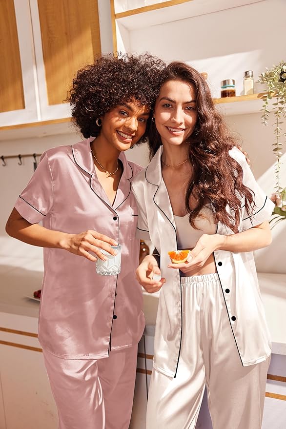 Ekouaer Satin Pajamas Set Women Short Sleeve Sleepwear Soft Button Down Loungewear Pjs Set