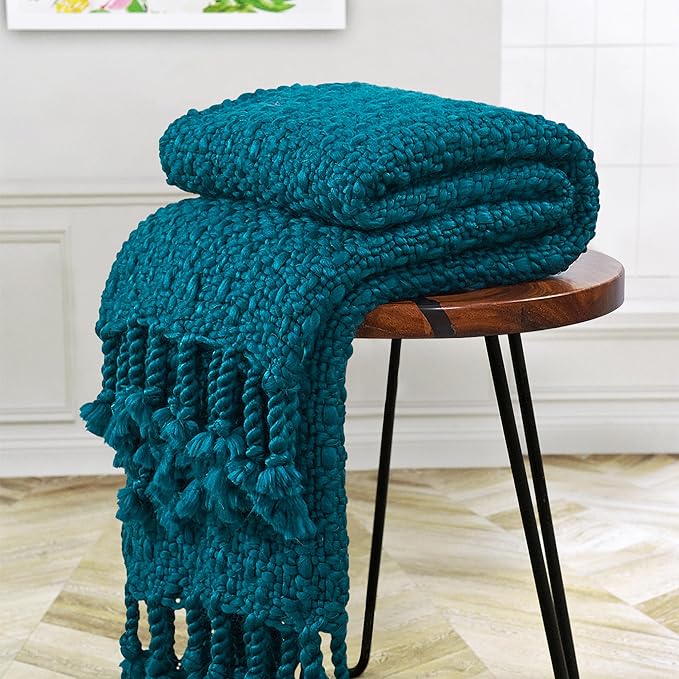 Chunky Knit Throw Blanket with Braided Tassels 50" x 60", Hand Knitted Soft Thick Yarn Basket Weave Boho Farmhouse Blanket, Plush Fluffy Tassel Decor Throw for Couch Bed Sofa, Dark Teal