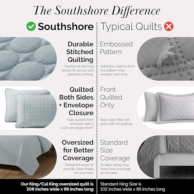 Southshore Fine Living, Inc. Lightweight Quilt, Oversized Quilts for King Bed, Soft Coverlet, 3-Piece Bedspread Set with Two Matching Quilted Pillow Shams, All Season Cal/King Quilt, Harbor Mist Blue