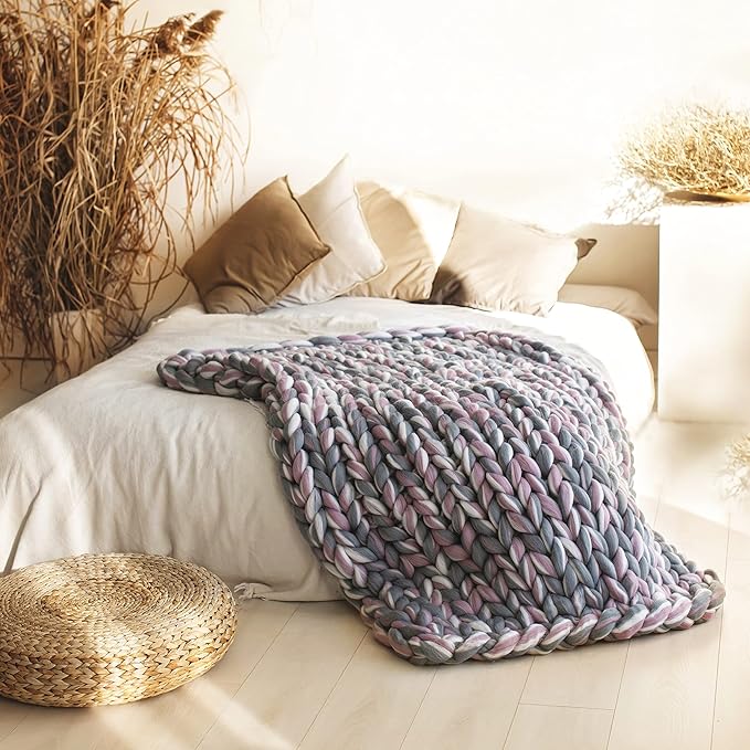 Boho Throw Blanket - Chunky Knit Blanket Full Size Blanket for Adult 54x75, Boho Blanket Bed Decor, Knit Blanket for Couch, Birthday Gift for Women, Ideas (Grey-Pink-White, 54"x75")