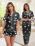 Silk Satin Pajama Set for Women 3-piece Short Sleeve Pajama with Pants Ruffle Shorts Cute Pj Set Button Down Sleepwear