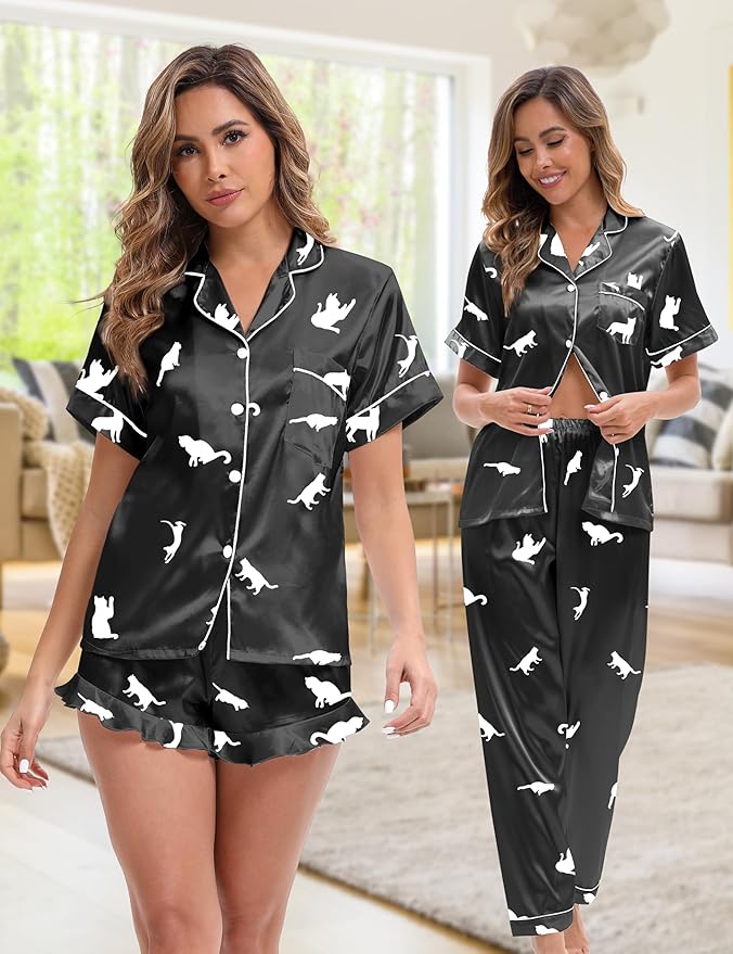Silk Satin Pajama Set for Women 3-piece Short Sleeve Pajama with Pants Ruffle Shorts Cute Pj Set Button Down Sleepwear