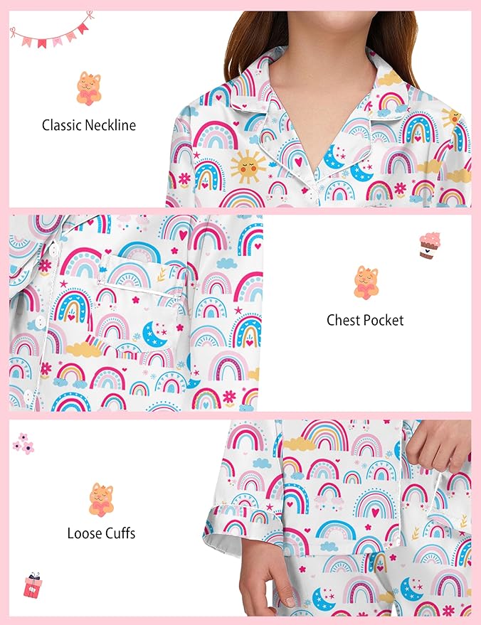 EPLAZA Kids Satin Pajamas Sets Girls Boys Button-Down Silky Pajamas Sleepwear with Hairband Eye Mask Hair Tie