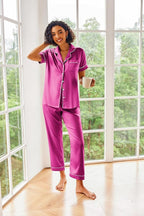 Ekouaer Silk Satin Pajamas Set Women Short Sleeve Sleepwear Soft Button Down Loungewear Pjs Set