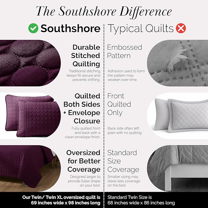 Southshore Fine Living, Inc. Oversized Bedding Quilt, Lightweight Bedding, Twin XL Bedspread, Soft Coverlet 2-Piece Set with One Matching Quilted Pillow Sham, All Season Twin/XL Quilt Set, Purple