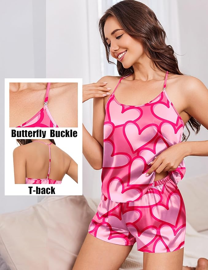 Ekouaer Silk Satin Pajamas Set for Women T-back Lingerie Pjs Cami Top and Shorts Sleepwear Gift for Honeymoon Party