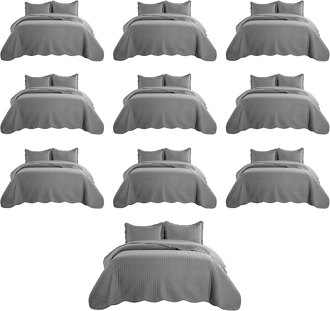 IR Imperial Rooms Queen Quilt Bedding Set (90" x 96") - Bulk Pack of 10 Wholesale for Hotels, Guest Bedroom & Airbnbs - Lightweight Microfiber Reversible Embossed Quilts Bedspreads (Grey)