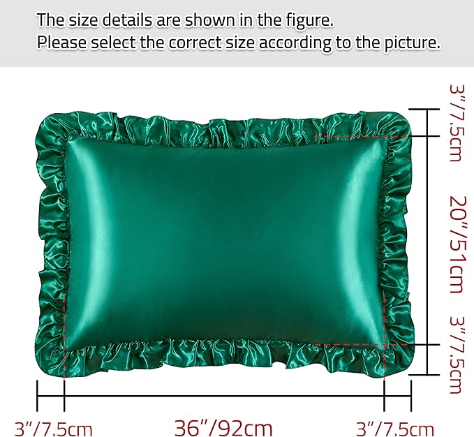 Silky Satin Ruffled Pillow Cases for Hair and Skin,Blackish Green Silk Pillowcases King Set of 2 with Envelope Closure Princess Room Decoration