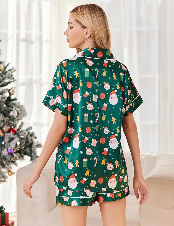 Ekouaer Silk Pajamas for Women Short Sleeve Sleepwear Soft Button Down Loungewear 2 Piece Satin Pjs Shorts Set