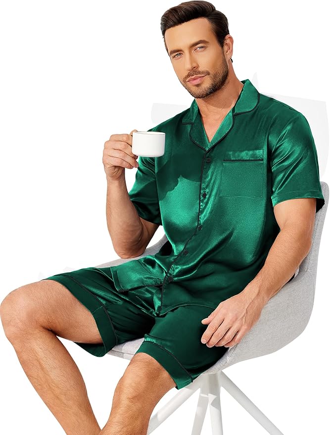 Ekouaer Mens Pajamas Set Silk Satin Sleepwear Short Sleeve Button Down Pjs Set 2 Piece Loungewear with Pockets S-XXL