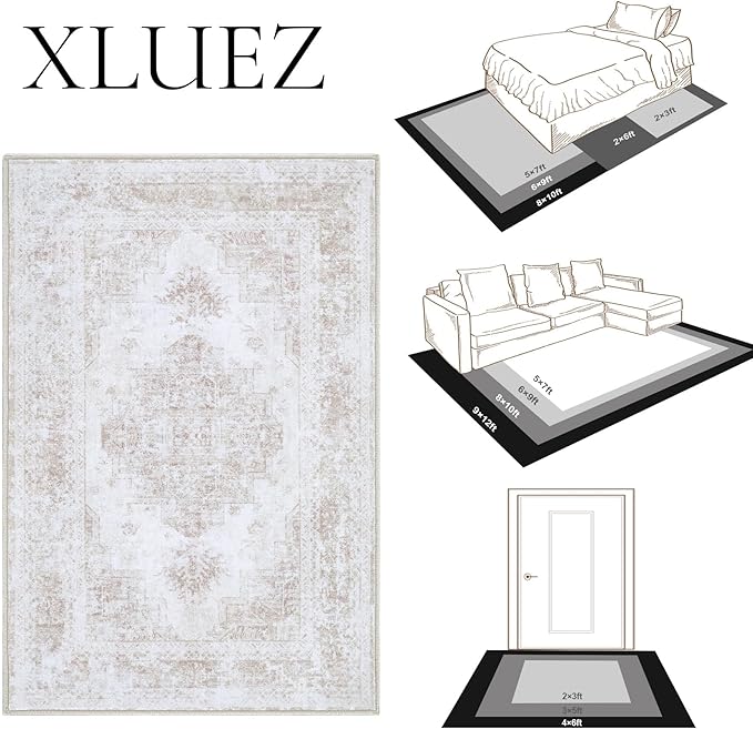 XLUEZ Area Rug 8x10 Living Room Rug, Machine Washable Vintage Distressed Medallion Rug Non-Slip Soft Low Pile Large Indoor Rugs for Bedroom Kitchen Dining Room Office(Beige,8'x10')