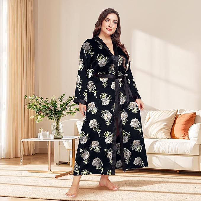 Womens Plus Size Silky Satin Kimono Robe Floral Long Bathrobe Wedding Sleepwear Dressing Gown