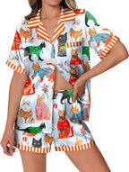 Ekouaer Womens Silk Satin Pajamas Set Animals Print Pjs Button Down Short Sleeve Lounge Set 2 Piece Sleepwear