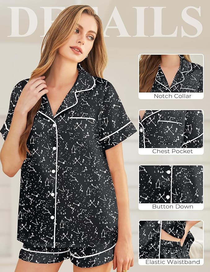 Silk Pajamas for Women Short Sleeve Sleepwear Soft Button Down Loungewear 2 Piece Satin Pjs Shorts Set S-XXL