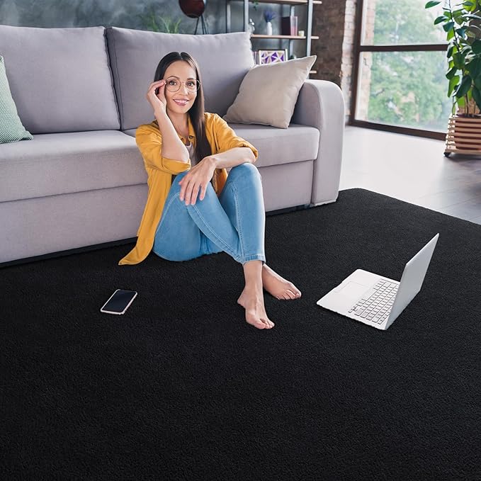 Keeko 7x10 Area Rugs for Living Room, Soft Modern Bedroom Large Rugs Indoor Non Slip Fluffy Rug Minimalist Low Pile Carpet Washable Rug for Kids Boys Girls Dorm Classroom Nursery Home Decor Black