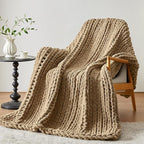 Negwoo Chunky Knit Throw Blanket, 60''*80'' Knitted Throw Chenille Yarn for Bed Couch, Handmade Light Brown Crochet Big Thick Blanket, Machine Washable Cute Comfy Blanket for Home Decor
