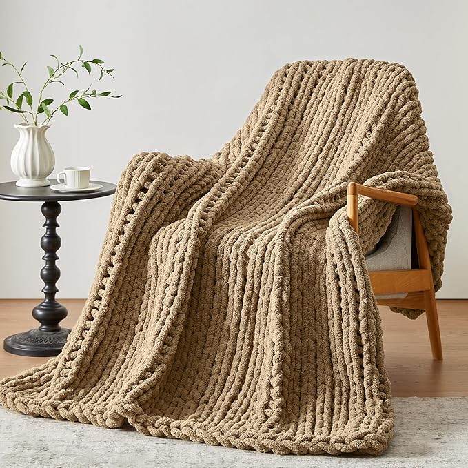 Negwoo Chunky Knit Throw Blanket, 50''*60'' Knitted Throw Chenille Yarn for Bed Couch, Handmade Light Brown Crochet Big Thick Blanket, Machine Washable Cute Comfy Blanket for Home Decor