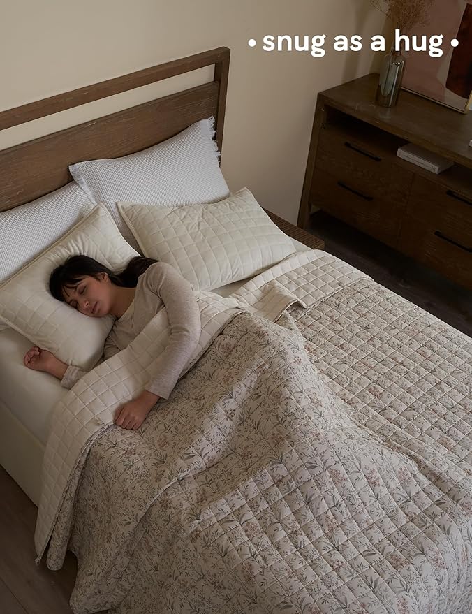 YnM King Size Linen Weighted Blanket for Adults (88x104 Inches, 25 Pounds, Botanical), Exclusive Smallest Compartments, Heavy Bed Blanket for Two Persons of 110~190lbs on Queen or King Bed
