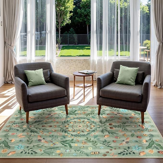 Lahome Chloe Insect Botanical 3x5 Washable Rugs for Entryway Soft Rug for Bedroom, Green Kitchen Rugs Non Slip Washable, Boho Floral Indoor Throw Carpet for Bathroom Laundry Living Room(Green,3x5)